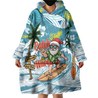 Hawaii Summer Christmas Wearable Blanket Hoodie Surfing Santa Shaka Catch The Wave