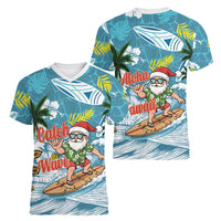Hawaii Summer Christmas Women V-Neck T-Shirt Surfing Santa Shaka Catch The Wave