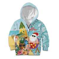 Aloha Hawaii Mele Kalikimaka Kid Hoodie Chilling Santa With Pineapple - Polynesian Pattern