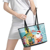 Aloha Hawaii Mele Kalikimaka Leather Tote Bag Chilling Santa With Pineapple - Polynesian Pattern