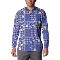 Blue Palaka Japanese Patterns Button Sweatshirt Koi Fish Asanoha Sakura Patchwork Stylized - Polynesian Pride
