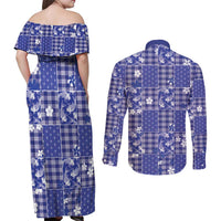 Blue Palaka Japanese Patterns Couples Matching Off Shoulder Maxi Dress and Long Sleeve Button Shirt Koi Fish Asanoha Sakura Patchwork Stylized - Polynesian Pride