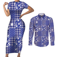 Blue Palaka Japanese Patterns Couples Matching Short Sleeve Bodycon Dress and Long Sleeve Button Shirt Koi Fish Asanoha Sakura Patchwork Stylized - Polynesian Pride