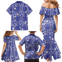 Blue Palaka Japanese Patterns Family Matching Mermaid Dress and Hawaiian Shirt Koi Fish Asanoha Sakura Patchwork Stylized - Polynesian Pride