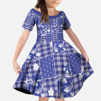 Blue Palaka Japanese Patterns Kid Short Sleeve Dress Koi Fish Asanoha Sakura Patchwork Stylized - Polynesian Pride