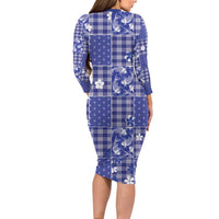 Blue Palaka Japanese Patterns Long Sleeve Bodycon Dress Koi Fish Asanoha Sakura Patchwork Stylized - Polynesian Pride
