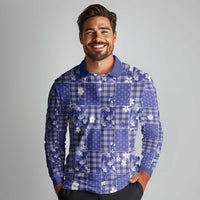 Blue Palaka Japanese Patterns Long Sleeve Polo Shirt Koi Fish Asanoha Sakura Patchwork Stylized - Polynesian Pride