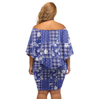 Blue Palaka Japanese Patterns Off Shoulder Short Dress Koi Fish Asanoha Sakura Patchwork Stylized - Polynesian Pride