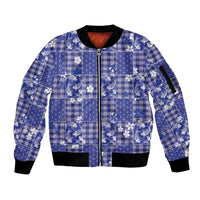 Blue Palaka Japanese Patterns Sleeve Zip Bomber Jacket Koi Fish Asanoha Sakura Patchwork Stylized - Polynesian Pride