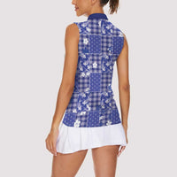 Blue Palaka Japanese Patterns Women Sleeveless Polo Shirt Koi Fish Asanoha Sakura Patchwork Stylized - Polynesian Pride