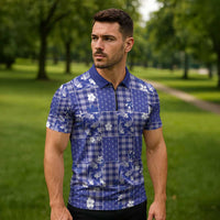 Blue Palaka Japanese Patterns Zipper Polo Shirt Koi Fish Asanoha Sakura Patchwork Stylized - Polynesian Pride