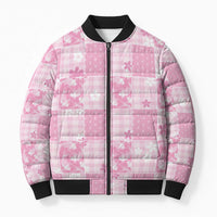 Pink Palaka Japanese Patterns Bomber Puffer Jacket Koi Fish Asanoha Sakura Patchwork Stylized - Polynesian Pride