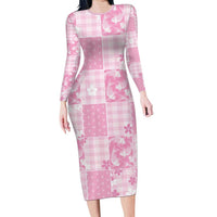 Pink Palaka Japanese Patterns Family Matching Long Sleeve Bodycon Dress and Hawaiian Shirt Koi Fish Asanoha Sakura Patchwork Stylized - Polynesian Pride