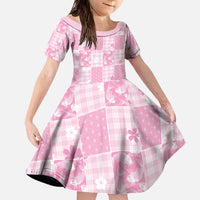 Pink Palaka Japanese Patterns Family Matching Off The Shoulder Long Sleeve Dress and Hawaiian Shirt Koi Fish Asanoha Sakura Patchwork Stylized - Polynesian Pride