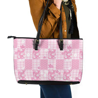 Pink Palaka Japanese Patterns Leather Tote Bag Koi Fish Asanoha Sakura Patchwork Stylized - Polynesian Pride