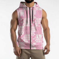 Pink Palaka Japanese Patterns Sleeveless Zip Hoodie Koi Fish Asanoha Sakura Patchwork Stylized - Polynesian Pride
