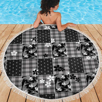 Black Palaka Japanese Patterns Beach Blanket Koi Fish Asanoha Sakura Patchwork Stylized - Polynesian Pride