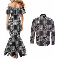 Black Palaka Japanese Patterns Couples Matching Mermaid Dress and Long Sleeve Button Shirt Koi Fish Asanoha Sakura Patchwork Stylized LT14 - Polynesian Pride