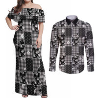 Black Palaka Japanese Patterns Couples Matching Off Shoulder Maxi Dress and Long Sleeve Button Shirt Koi Fish Asanoha Sakura Patchwork Stylized - Polynesian Pride