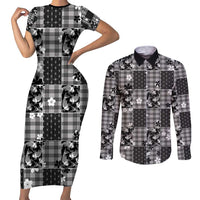 Black Palaka Japanese Patterns Couples Matching Short Sleeve Bodycon Dress and Long Sleeve Button Shirt Koi Fish Asanoha Sakura Patchwork Stylized - Polynesian Pride