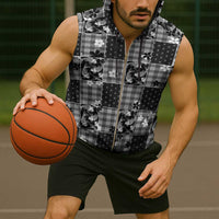 Black Palaka Japanese Patterns Sleeveless Zip Hoodie Koi Fish Asanoha Sakura Patchwork Stylized - Polynesian Pride