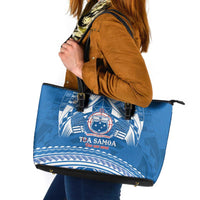 Toa Samoa Rugby Custom Leather Tote Bag Uso aso uma Samoan Pattern Blue - Polynesian Pride