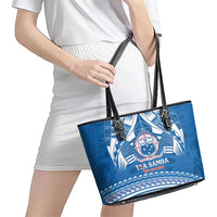 Toa Samoa Rugby Custom Leather Tote Bag Uso aso uma Samoan Pattern Blue - Polynesian Pride
