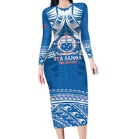 Toa Samoa Rugby Custom Long Sleeve Bodycon Dress Uso aso uma Samoan Pattern Blue - Polynesian Pride