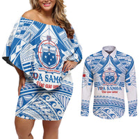 Toa Samoa Rugby Custom Couples Matching Off Shoulder Short Dress and Long Sleeve Button Shirt Uso aso uma Samoan Pattern White - Polynesian Pride