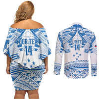 Toa Samoa Rugby Custom Couples Matching Off Shoulder Short Dress and Long Sleeve Button Shirt Uso aso uma Samoan Pattern White - Polynesian Pride