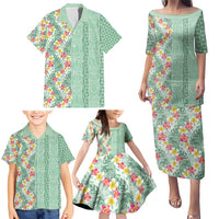 Menthol Green Aloha Hawaii Tiki Family Matching Puletasi and Hawaiian Shirt Tropical Plumeria - Seamless Style