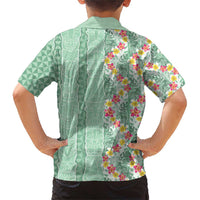 Menthol Green Aloha Hawaii Tiki Family Matching Short Sleeve Bodycon Dress and Hawaiian Shirt Tropical Plumeria - Seamless Style