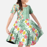 Menthol Green Aloha Hawaii Tiki Family Matching Tank Maxi Dress and Hawaiian Shirt Tropical Plumeria - Seamless Style LT14 Daughter's Dress Green - Polynesian Pride