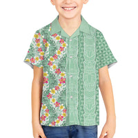 Menthol Green Aloha Hawaii Tiki Family Matching Tank Maxi Dress and Hawaiian Shirt Tropical Plumeria - Seamless Style LT14 Son's Shirt Green - Polynesian Pride