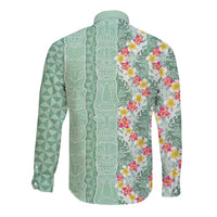 Menthol Green Aloha Hawaii Tiki Long Sleeve Button Shirt Tropical Plumeria - Seamless Style