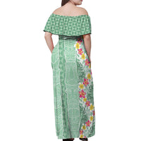 Menthol Green Aloha Hawaii Tiki Off Shoulder Maxi Dress Tropical Plumeria - Seamless Style