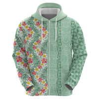 Menthol Green Aloha Hawaii Tiki Zip Hoodie Tropical Plumeria - Seamless Style