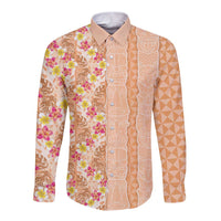 Orange Chiffon Aloha Hawaii Tiki Long Sleeve Button Shirt Tropical Plumeria - Seamless Style