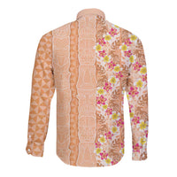 Orange Chiffon Aloha Hawaii Tiki Long Sleeve Button Shirt Tropical Plumeria - Seamless Style