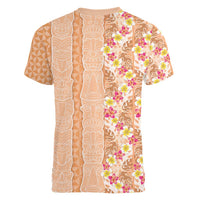 Orange Chiffon Aloha Hawaii Tiki Women V-Neck T-Shirt Tropical Plumeria - Seamless Style