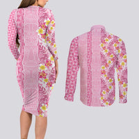 Pastel Magenta Aloha Hawaii Tiki Couples Matching Long Sleeve Bodycon Dress and Long Sleeve Button Shirt Tropical Plumeria - Seamless Style