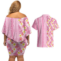Pastel Magenta Aloha Hawaii Tiki Couples Matching Off Shoulder Short Dress and Hawaiian Shirt Tropical Plumeria - Seamless Style