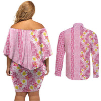 Pastel Magenta Aloha Hawaii Tiki Couples Matching Off Shoulder Short Dress and Long Sleeve Button Shirt Tropical Plumeria - Seamless Style