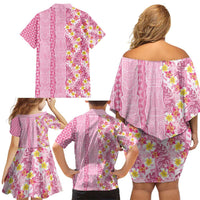 Pastel Magenta Aloha Hawaii Tiki Family Matching Off Shoulder Short Dress and Hawaiian Shirt Tropical Plumeria - Seamless Style