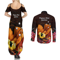 Gude Hi Hai Papua New Guinea Couples Matching Summer Maxi Dress and Long Sleeve Button Shirt Motuan PNG Raggiana Bird of Paradise Tropical Vibes LT14 - Polynesian Pride