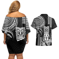 Hawaii Ku God Couples Matching Off Shoulder Short Dress and Hawaiian Shirt Kakau Mix Polynesian Tattoo