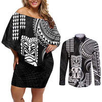 Hawaii Ku God Couples Matching Off Shoulder Short Dress and Long Sleeve Button Shirt Kakau Mix Polynesian Tattoo
