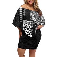 Hawaii Ku God Off Shoulder Short Dress Kakau Mix Polynesian Tattoo