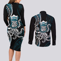 Turquoise Hawaii Kanaloa God Couples Matching Long Sleeve Bodycon Dress and Long Sleeve Button Shirt Hawaiian Octopus
