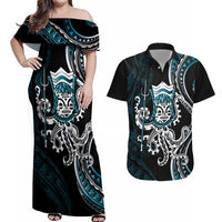 Turquoise Hawaii Kanaloa God Couples Matching Off Shoulder Maxi Dress and Hawaiian Shirt Hawaiian Octopus